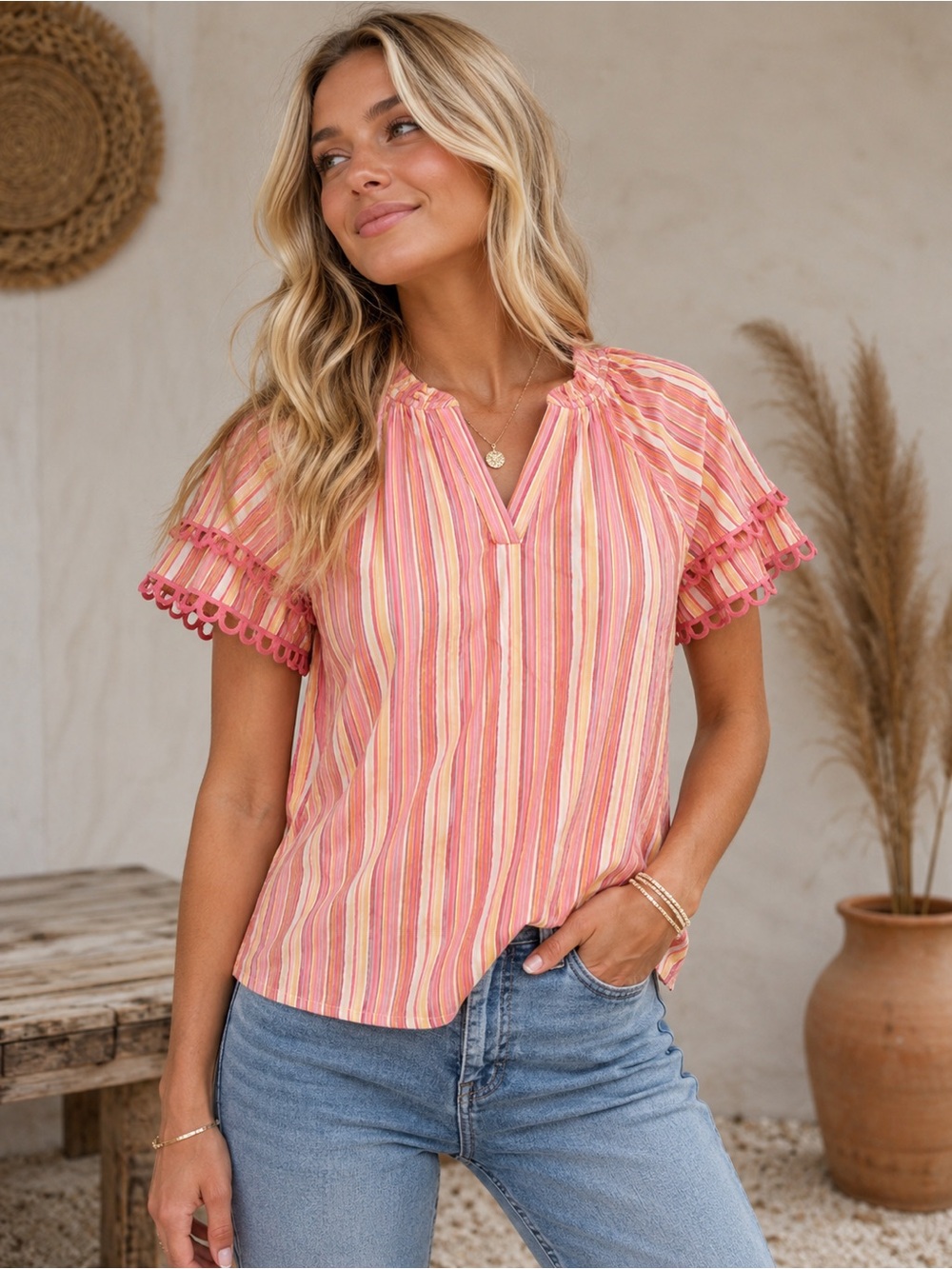 Striped Pink Short-Sleeve V-Neck Top